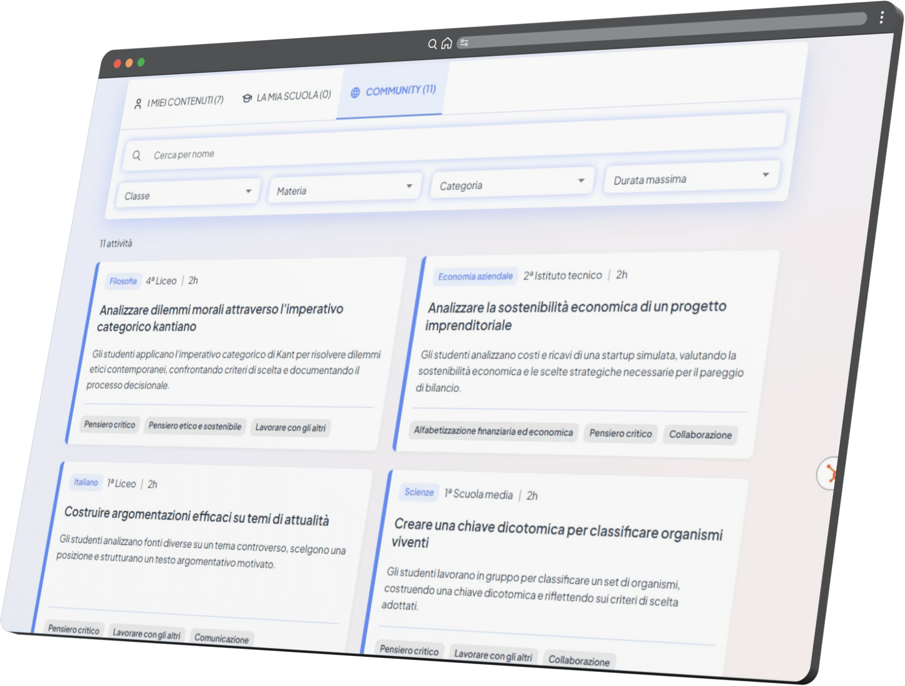 Archivio delle attività con i tre spazi I miei contenuti, La mia scuola e Community, e i filtri per classe, materia, categoria e durata