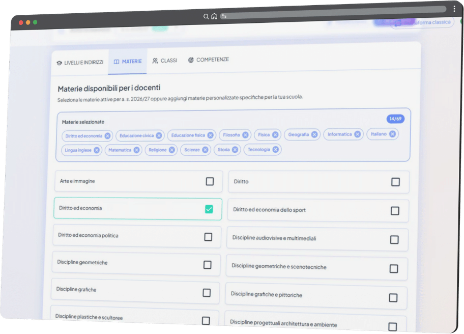Pannello di configurazione delle materie disponibili per i docenti dell'istituto