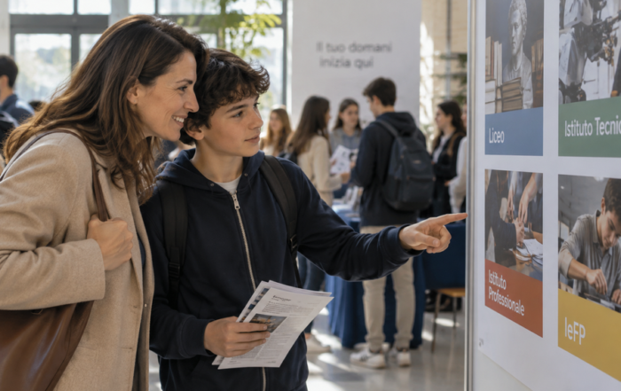 ragazzo accompagnato dalla madre alla scelta del suo futuro indirizzo alle superiori