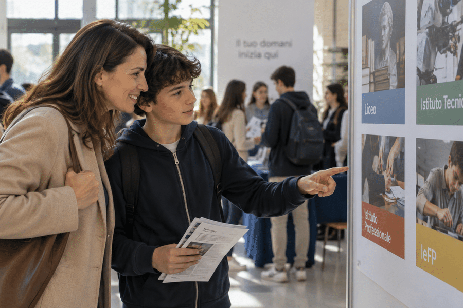 ragazzo accompagnato dalla madre alla scelta del suo futuro indirizzo alle superiori
