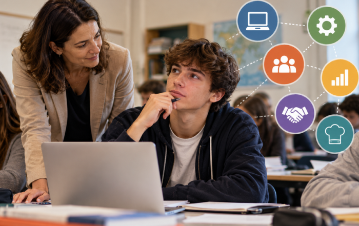 docente aiuta un suo studente ad analizzare le sue competenze professionali