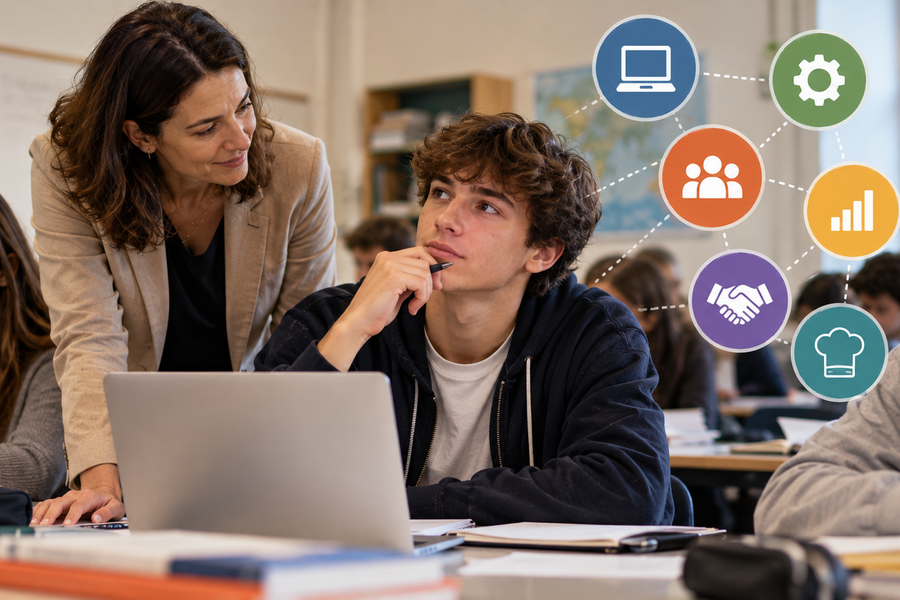 docente aiuta un suo studente ad analizzare le sue competenze professionali
