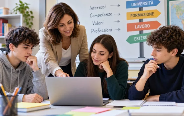docente mostra ai propri studenti un test di orientamento al lavoro per facilitare la loro scelta