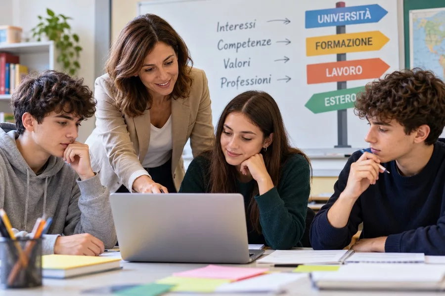 docente mostra ai propri studenti un test di orientamento al lavoro per facilitare la loro scelta