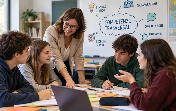 insegnante analizza le competenze trasversali insieme ai suoi alunni in classe