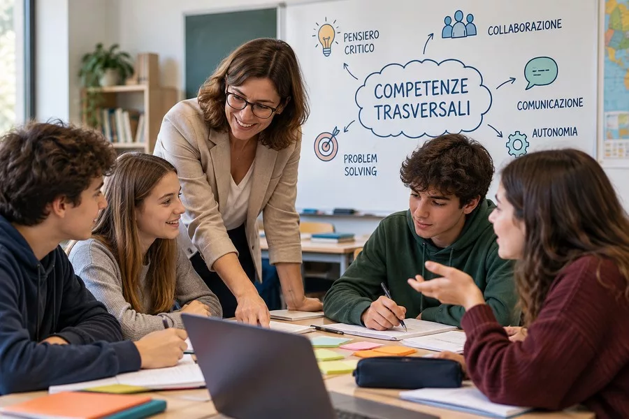 insegnante analizza le competenze trasversali insieme ai suoi alunni in classe
