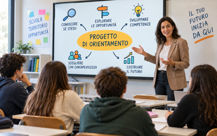 insegnate mostra un progetto di orientamento davanti ad una classe di alunni