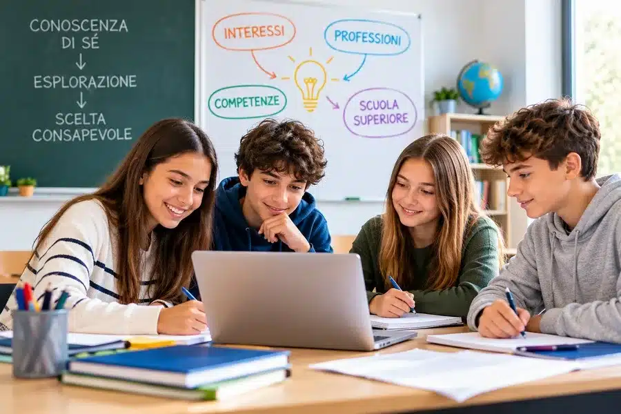 Ragazzi in un aula seguono un orientamento per le scuole medie